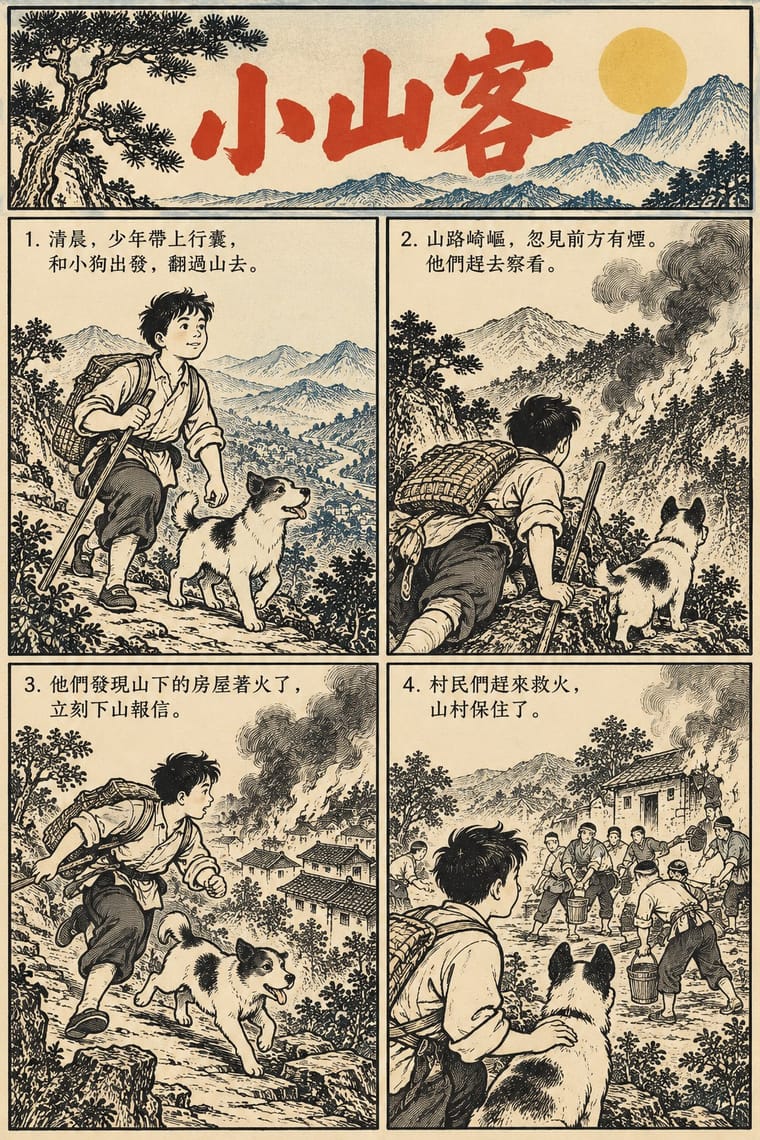 A vintage-style Chinese illustrated poster has a mountain-and-sun header above four numbered panels showing a boy and his dog hiking, spotting smoke, running toward a burning village, and watching villagers carry buckets to fight the fire. Dark engraved-style linework covers textured cream paper, with a large red Chinese title and a yellow sun.