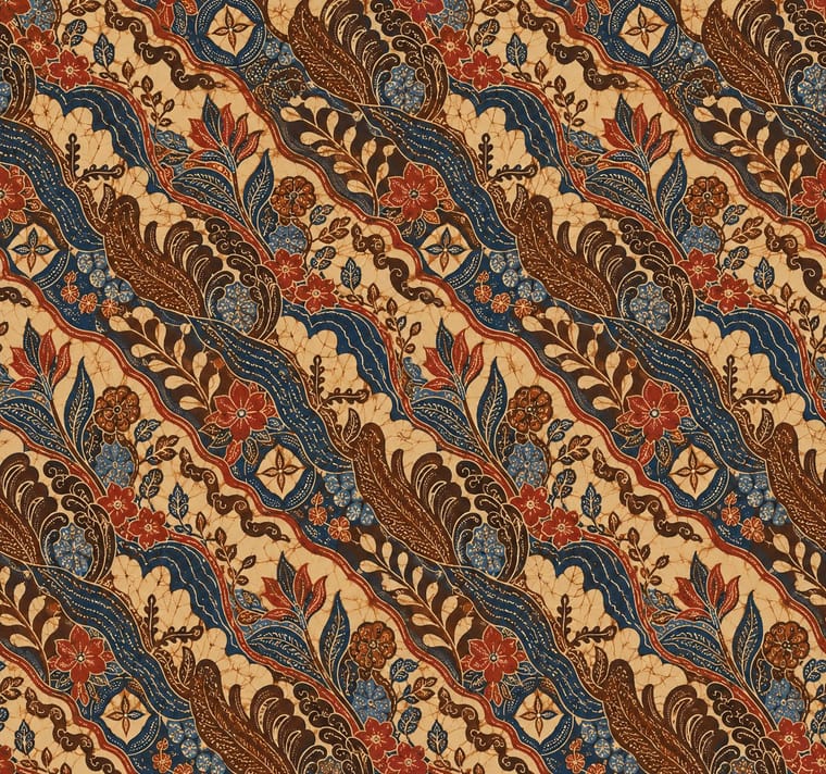A dense repeating botanical pattern features rust-red flowers, indigo leaves, brown curling fronds, and cream leafy stems arranged in flowing diagonal bands. Fine dotted details and branching crackle lines give the flat design a batik-like appearance.