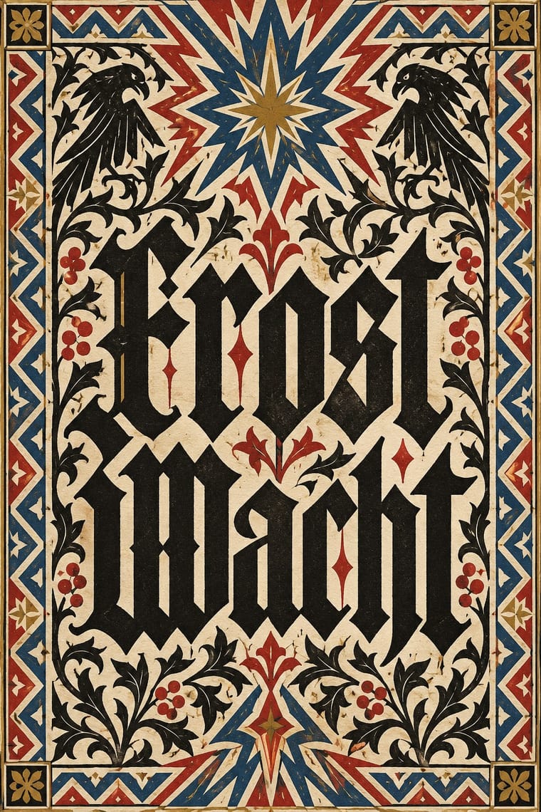 Large black Gothic lettering reading “Frost Wacht” fills an aged cream poster, surrounded by curling black foliage, red berries, and two inward-facing black birds. Red, blue, and ochre starbursts and a zigzag border frame the symmetrical design.