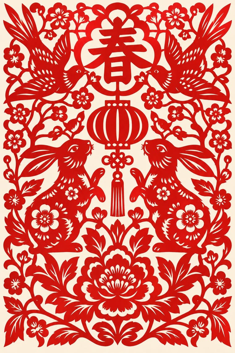A symmetrical red Chinese paper-cut-style design on a cream background features two birds above two upright rabbits, surrounded by flowering vines and leaves. The Chinese character 春 sits above a central hanging lantern and tassel, with a large flower at the bottom.