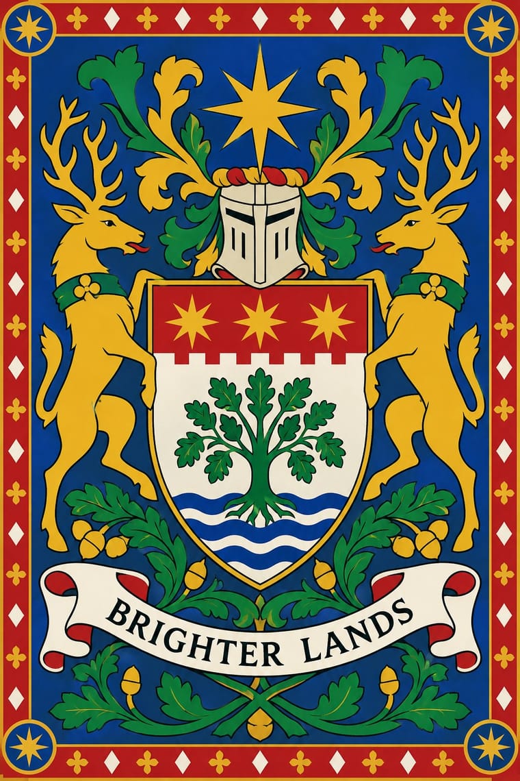 An ornate coat of arms shows two golden stags supporting a shield with a green oak tree, blue waves, and three gold stars. A knight’s helmet and large star crown the shield, surrounded by green and gold foliage, a red patterned border, and a cream scroll reading “BRIGHTER LANDS.”
