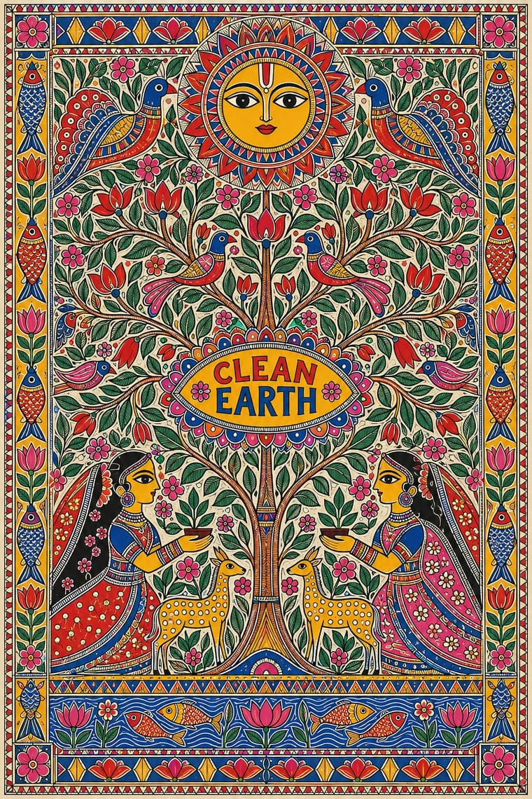 An intricately patterned folk-art-style poster shows a flowering tree beneath a large sun with a face, surrounded by birds, deer, and two women holding potted plants. A central yellow emblem reads “CLEAN EARTH,” and decorative borders contain fish, flowers, and geometric motifs.