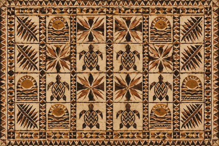 A bordered grid in black, ochre and rust on a mottled tan ground contains repeated sea turtles, diagonal leafy fronds, pointed rosettes, and suns above wavy water. Bands of triangles and diamonds divide the panels and surround the design.