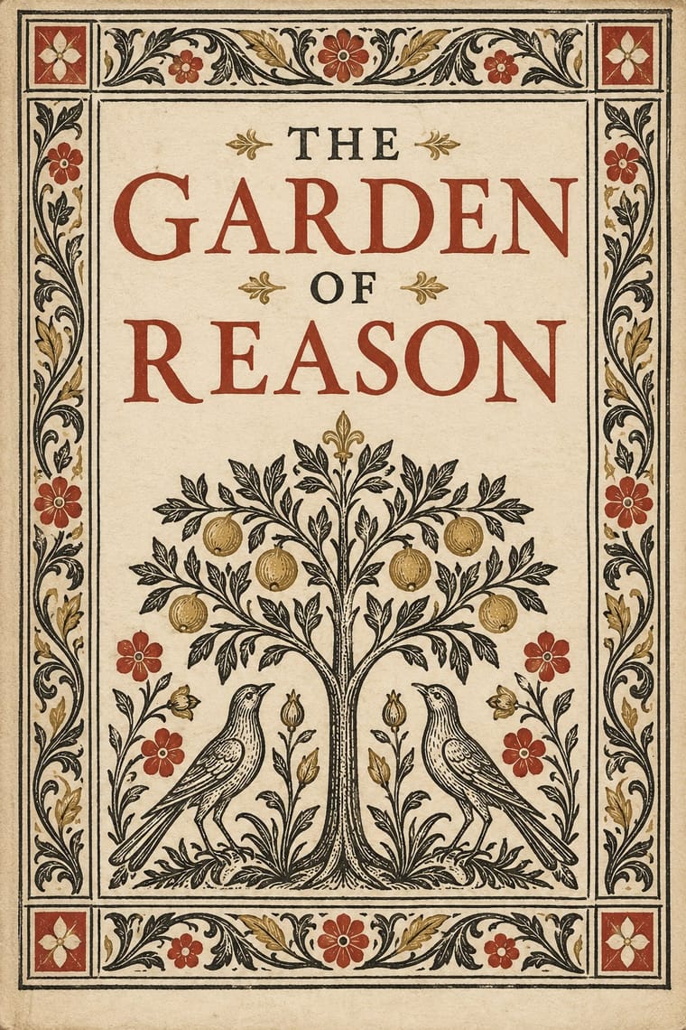 An aged cream book cover reads “THE GARDEN OF REASON” above a symmetrical illustration of a fruit-bearing tree flanked by two birds and flowering plants. Black leafy vines, rust-red flowers, and ochre leaves fill a rectangular ornamental border.