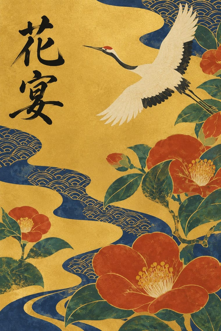A white crane with black wing feathers and a red crown flies across a textured gold background beside the black calligraphy 花宴. Large red flowers and green leaves frame winding blue bands decorated with repeating gold wave patterns.