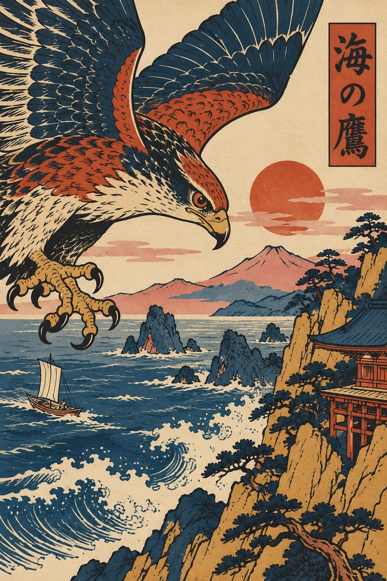 An enormous hawk with raised wings and extended talons swoops over a rough sea with a small sailboat and rocky islands. Pine-covered cliffs and a Japanese-style building frame the right side, with a mountain, red sun and vertical Japanese lettering in the background.