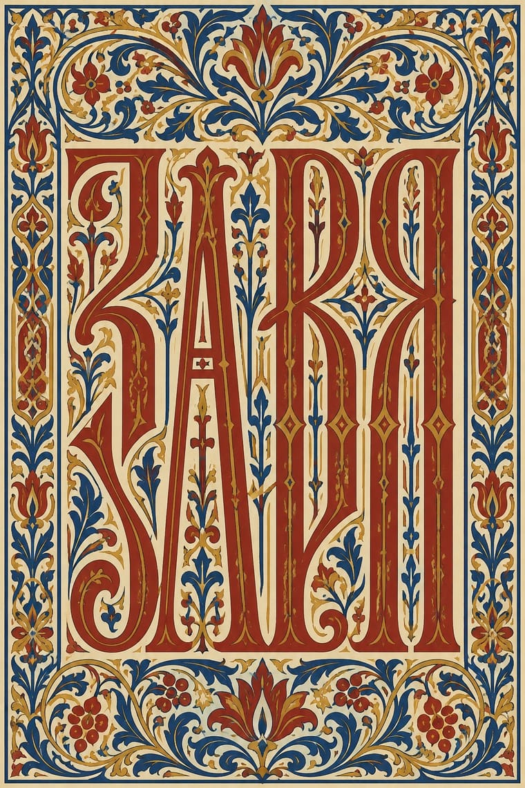 Tall, ornate red Cyrillic lettering reading “ЗАРЯ” fills a cream panel, with blue and gold flowering vines woven between the letters. A dense floral border surrounds the lettering on all four sides.