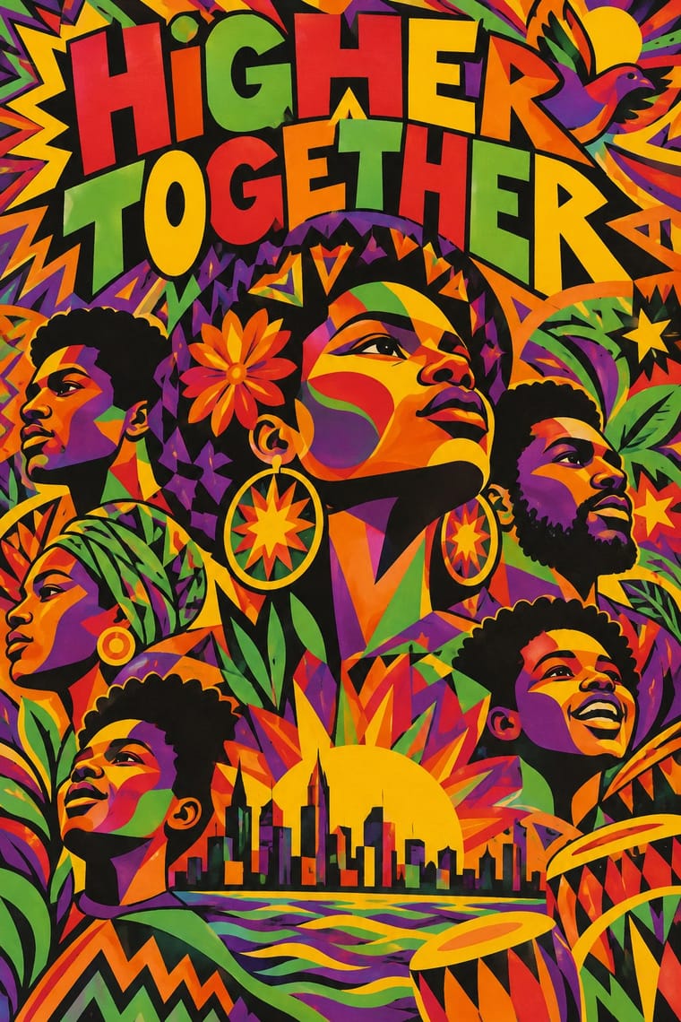 A brightly coloured poster reads “HIGHER TOGETHER” above six stylised portraits of Black people, with a large central woman wearing floral hair decoration and starburst earrings. Angular patterns, leaves, flowers, a bird, drums, and a city skyline against a yellow sun fill the surrounding space.