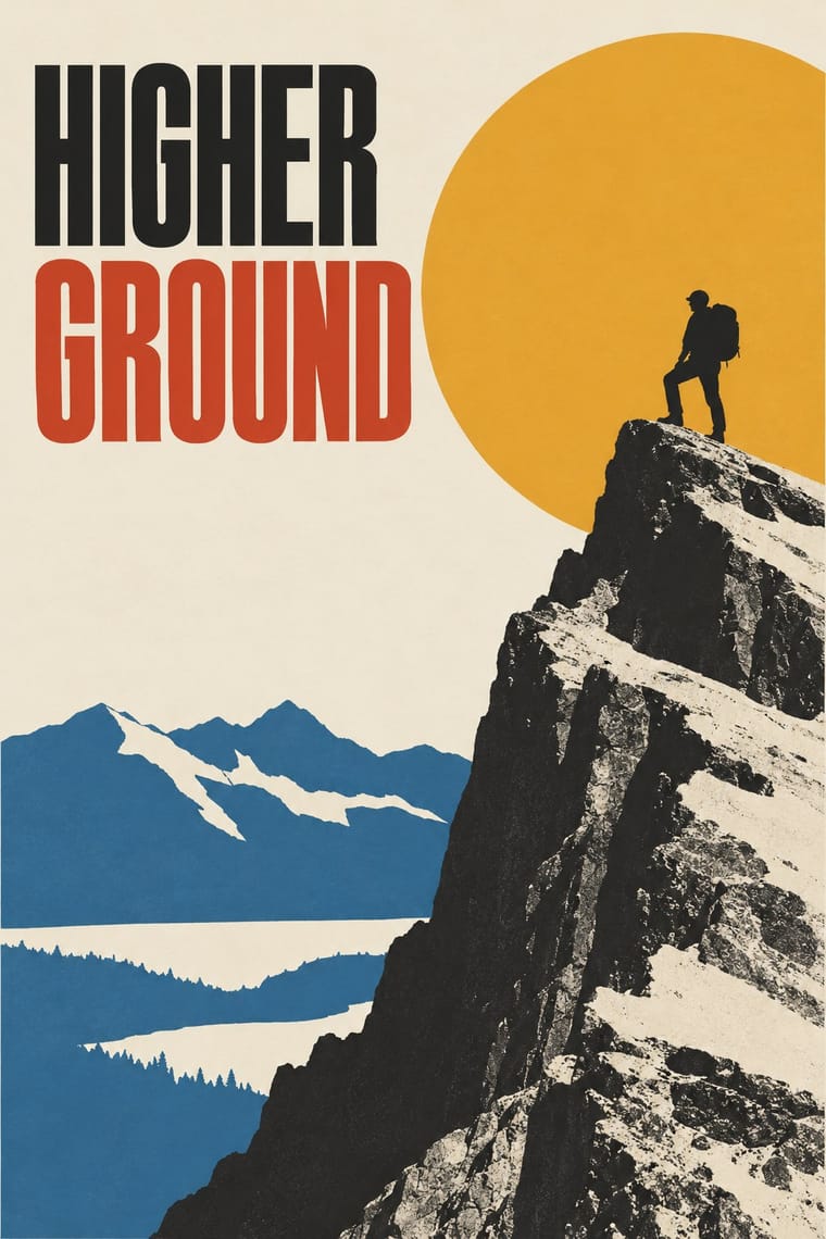 A backpacked hiker stands on a steep, black-and-cream rocky summit against a large golden sun, with blue mountain ranges, forests and pale waterways below. Large condensed lettering at the upper left reads “HIGHER GROUND” in black and red.