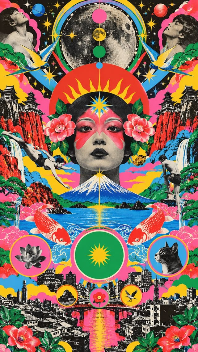 A densely layered, brightly coloured collage centres a woman's face beneath a large moon, surrounded by stars, planets, birds, flowers, waterfalls and Japanese-style buildings. A snow-capped mountain, two koi fish, circular animal and flower portraits, and a black-and-white city with a pink river fill the lower half.