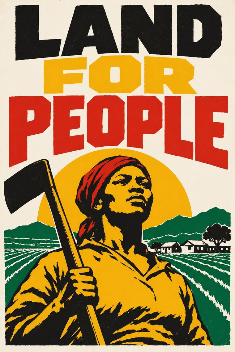 Large black, yellow and red lettering reads “LAND FOR PEOPLE” above a stylised agricultural worker wearing a red headscarf and holding a hoe. Green crop rows, hills, small houses and a tree extend behind the figure beneath a large yellow sun.