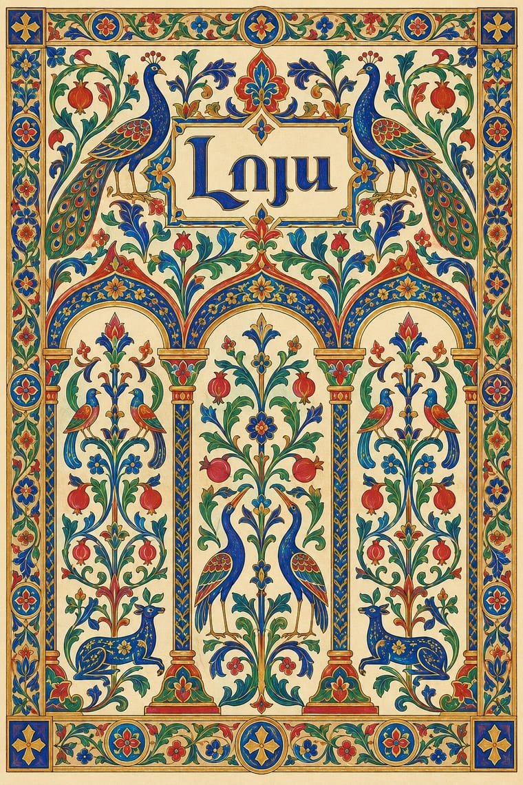 An ornate, symmetrical illustration in blue, red, green and gold shows peacocks, smaller birds and reclining deer among flowering vines and pomegranates. A central panel with Armenian lettering sits above three decorated arches, all enclosed by a floral border.