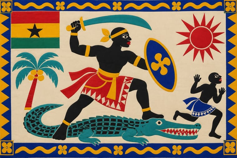 A stylised warrior raises a curved sword and carries a blue shield while straddling a large turquoise crocodile, with a smaller running figure to the right. A Ghanaian flag, palm tree and red sun fill the cream background, enclosed by a blue-and-yellow patterned border.