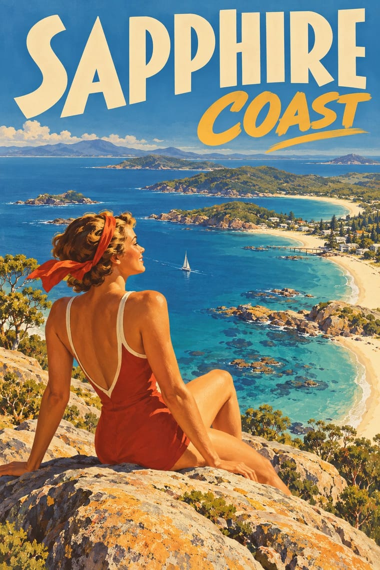 A painted travel poster shows a woman in a red swimsuit and headscarf sitting on sunlit rocks above turquoise coastal bays, sandy beaches, islands and a seaside town. Large cream and yellow lettering across the blue sky reads “SAPPHIRE COAST.”