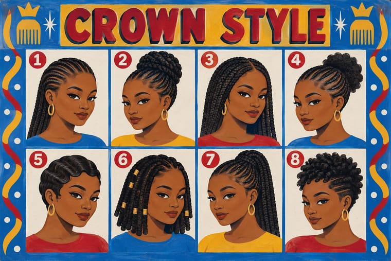 A hand-painted-style sign headed “CROWN STYLE” displays eight numbered portraits of Black women with different braided, twisted, waved and updo hairstyles. Blue grid lines and a decorative border with yellow comb-and-crown motifs, white stars, dots and red-and-yellow ribbons surround the portraits.