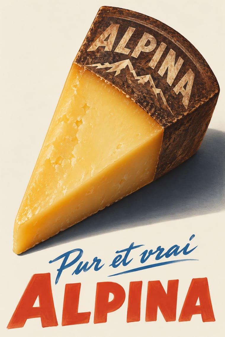 A large wedge of golden cheese with a dark brown rind marked “ALPINA” and a mountain motif casts a shadow on a cream background. Below it, blue script reads “Pur et vrai” above large red “ALPINA” lettering.