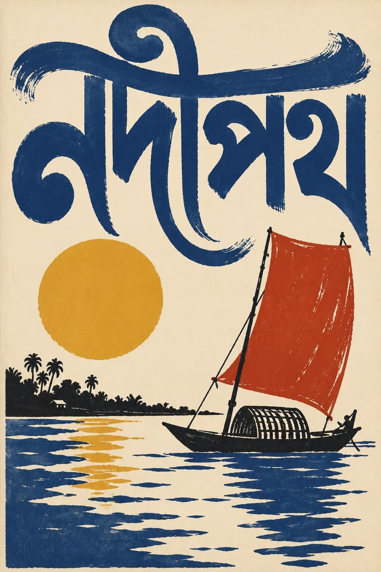 Large blue Bengali brush lettering fills the upper portion of a cream-coloured cover. Below, a black boat with a rust-red sail floats on blue water beside a yellow sun and a distant palm-lined shore.