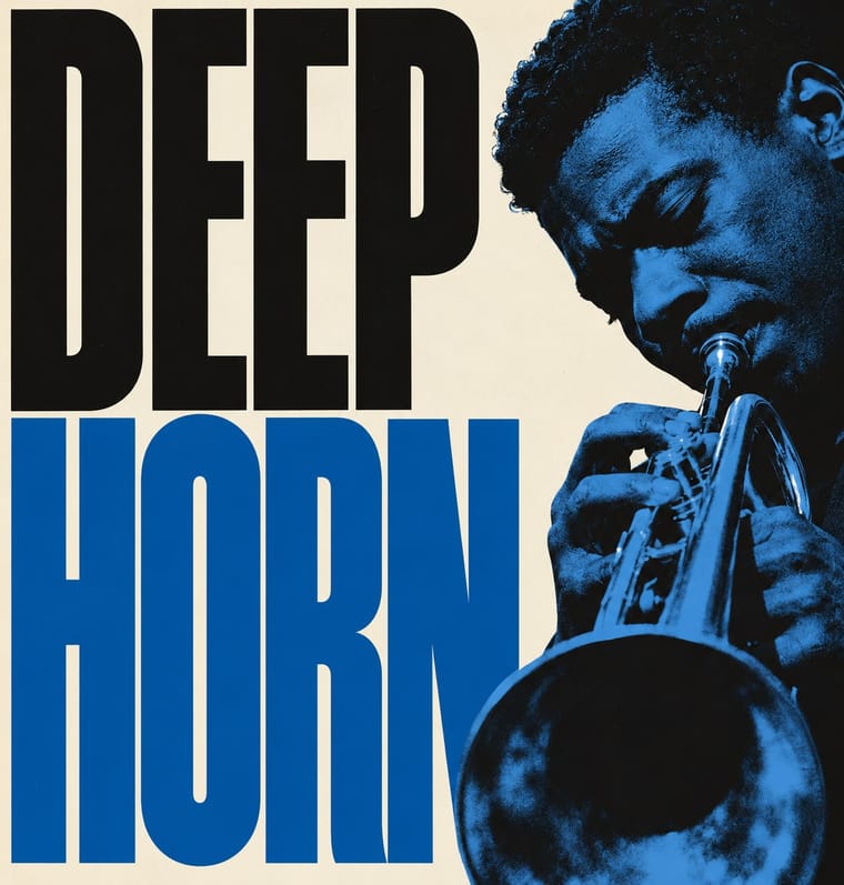 Oversized condensed lettering reads “DEEP HORN” in black and blue on a cream background. A tightly cropped, blue-and-black portrait of a man playing a trumpet fills the right side, with the instrument’s bell extending across the lower foreground.