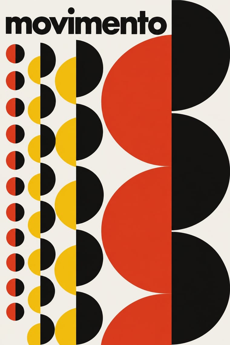 The bold black word “movimento” sits across the top of an off-white poster. Vertical sequences of red, yellow and black semicircles increase dramatically in size from left to right, with the largest shapes cropped by the edges.