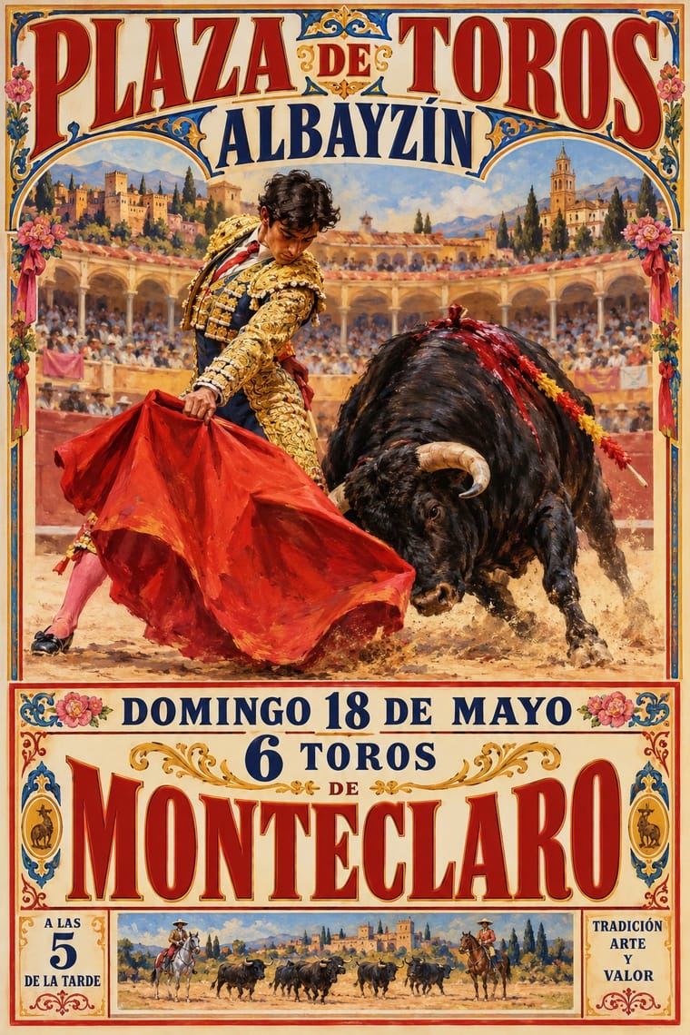 An ornate Spanish bullfighting poster shows a matador sweeping a red cape beside a charging black bull in a crowded arena, with historic buildings and mountains behind them. Large red and blue lettering, floral borders, and a smaller scene of mounted riders herding bulls surround the central painting.