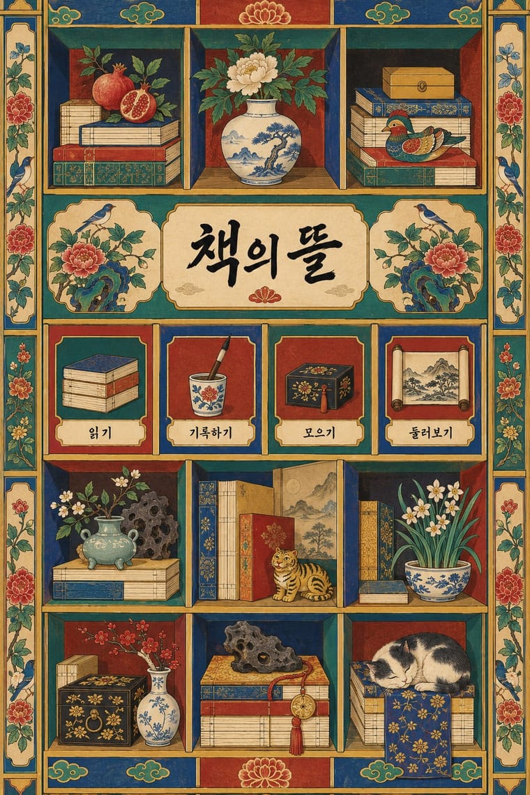 An ornate Korean-language reading app screen resembles a painted cabinet of books, flowers, ceramics, decorative boxes, birds, a tiger, and a sleeping cat. A large calligraphic title sits above four illustrated navigation buttons, surrounded by floral borders in muted red, blue, green, and gold.