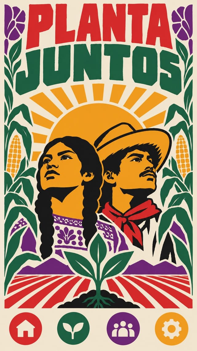 A bold illustrated screen reads “PLANTA JUNTOS” above a braided woman and a man wearing a wide-brimmed hat, framed by corn plants and a rising sun. A seedling and red agricultural rows fill the foreground, with four circular navigation icons along the bottom.