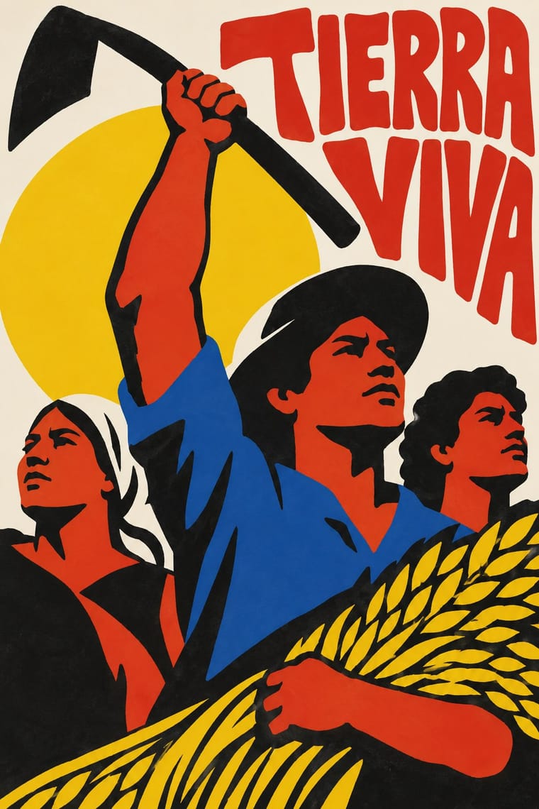 Three stylised agricultural workers look upward, with the central figure raising a hoe against a large yellow sun. Yellow wheat fills the foreground, and large red lettering reads “TIERRA VIVA” at the upper right.
