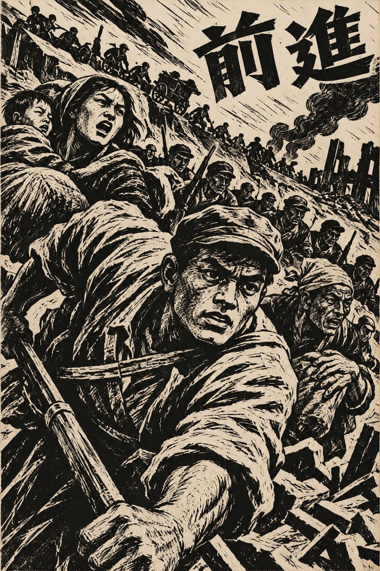 A black-and-cream woodcut-style illustration shows a tightly packed group of armed people advancing through rubble, led by a large foreground figure gripping a rifle. A woman carrying a child appears at upper left, while soldiers, an artillery piece, smoke and ruined buildings recede beneath the Chinese lettering “前進”.
