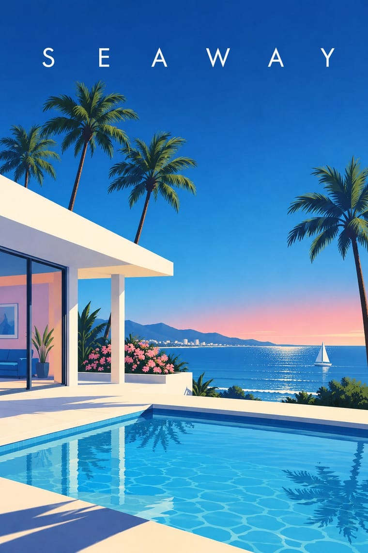 A sunlit swimming pool beside a modern white seaside villa overlooks a blue sea, a small sailboat, and distant coastal mountains. Palm trees and flowering plants frame the view beneath a blue sky with the widely spaced white title “SEAWAY.”