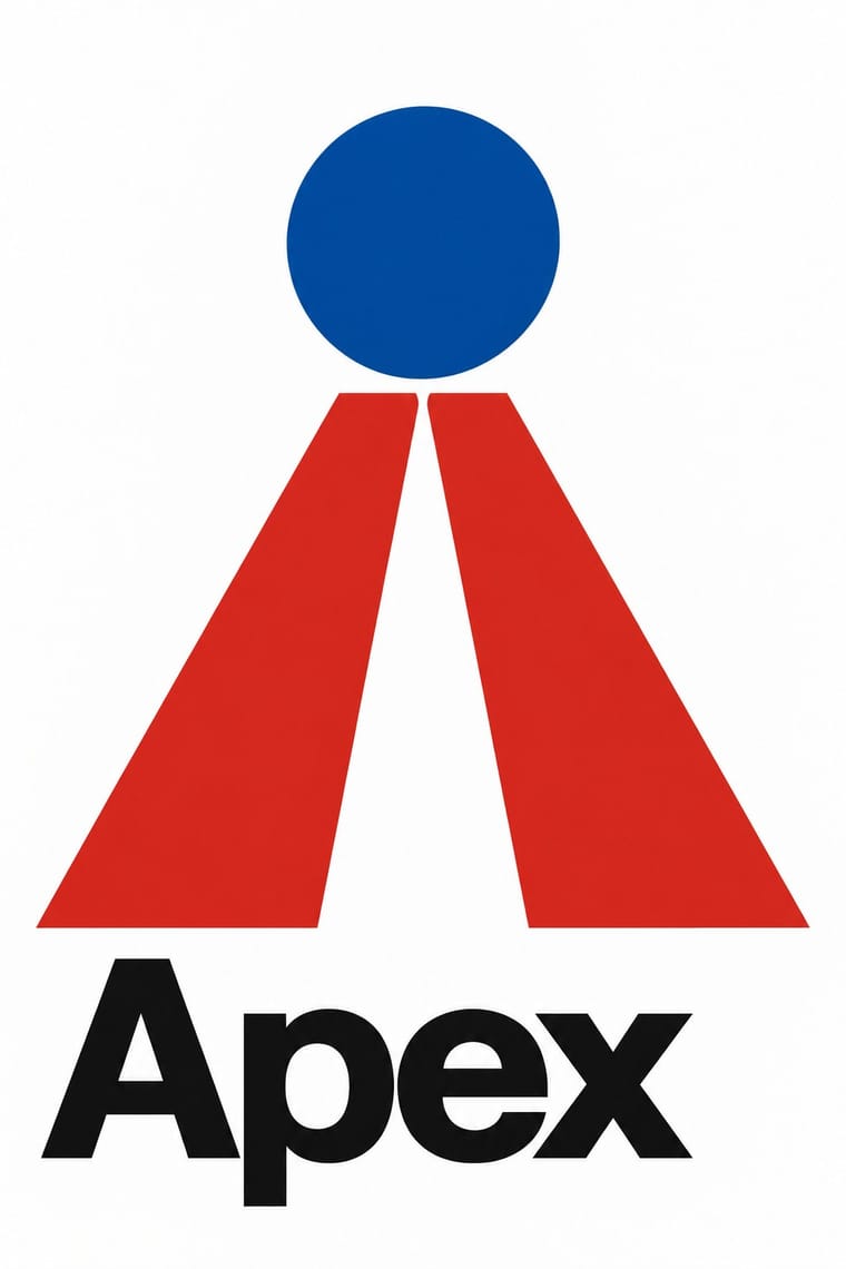 A blue circle sits above two mirrored red tapered shapes separated by a widening white gap. Large, bold black lettering reading “Apex” appears underneath on a white background.
