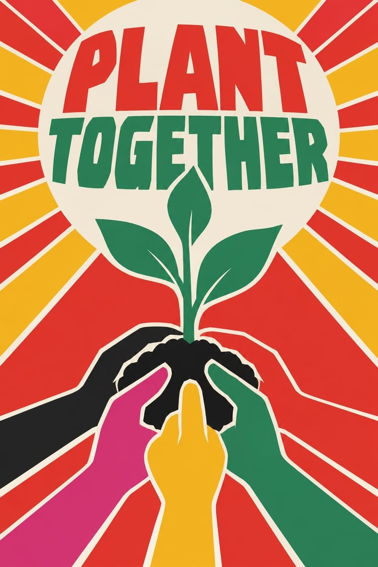 A colourful poster reads “PLANT TOGETHER” above a green seedling growing from dark soil held by several differently coloured hands. Red and yellow rays radiate behind a cream circular field containing the headline and plant.