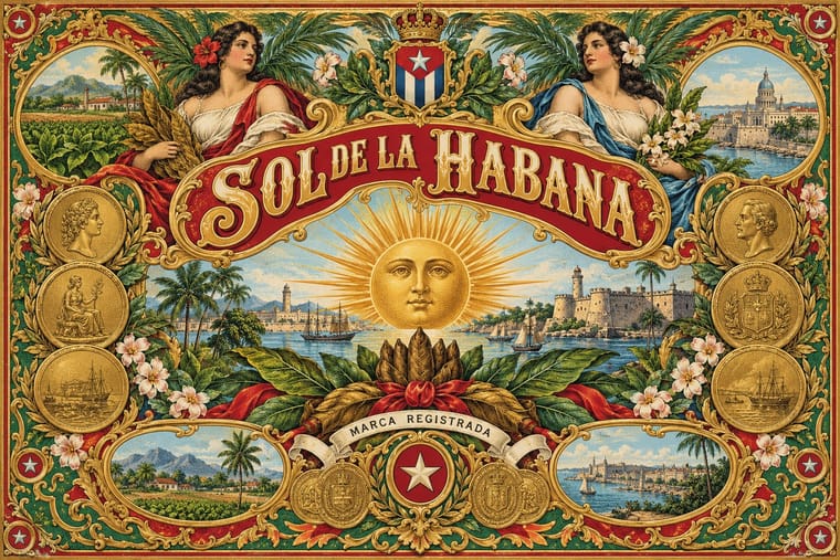An ornate vintage-style design reads “SOL DE LA HABANA” on a curved red banner above a golden sun with a human face and a harbor with sailing ships and coastal fortifications. Two women, tobacco leaves, flowers, gold medallions, crowned shields, stars, and framed tropical landscapes fill the elaborate gold-bordered composition.