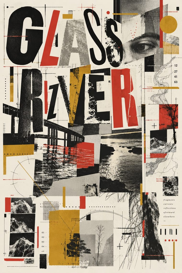 A tall, distressed collage poster reads “GLASS RIVER” in oversized black, gray, and red letters. Black-and-white fragments of an eye, a bridge, water, mountains, and trees overlap mustard-yellow and red blocks, fine diagrams, and small text on an ivory background.