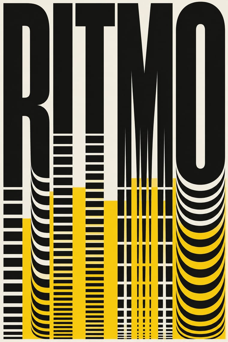 Huge, narrow black letters spelling “RITMO” fill a cream poster. Their lower portions extend into repeated curved bands and horizontal stripes, interspersed with bright yellow vertical blocks.