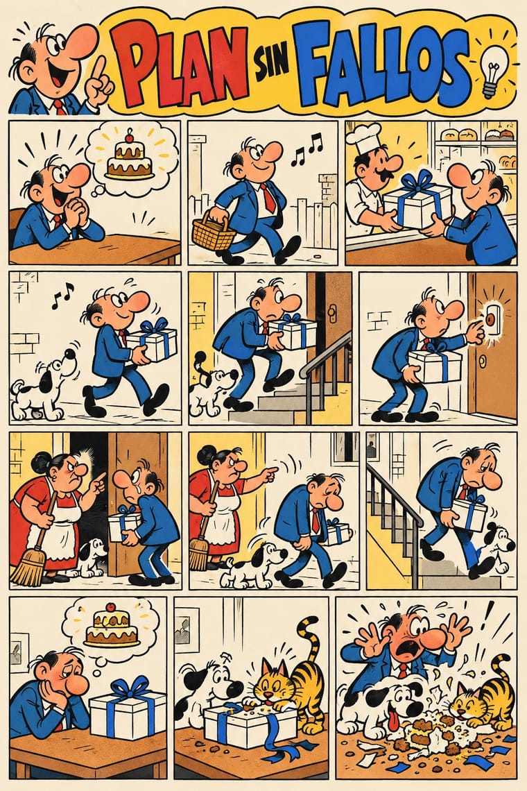 A vintage-style comic headed “PLAN SIN FALLOS” follows a large-nosed man in a blue suit buying a boxed cake, being turned away by a woman with a broom, and returning home. A dog and cat get into the cake, leaving it smashed across the table as the man reacts in alarm.