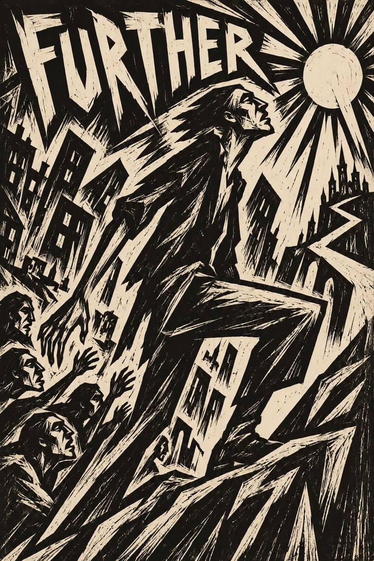A black-and-cream woodcut-style image shows an elongated figure striding upward through sharply tilted city buildings toward a radiant sun, with smaller people reaching upward from the lower left. Jagged lettering across the top reads “FURTHER.”