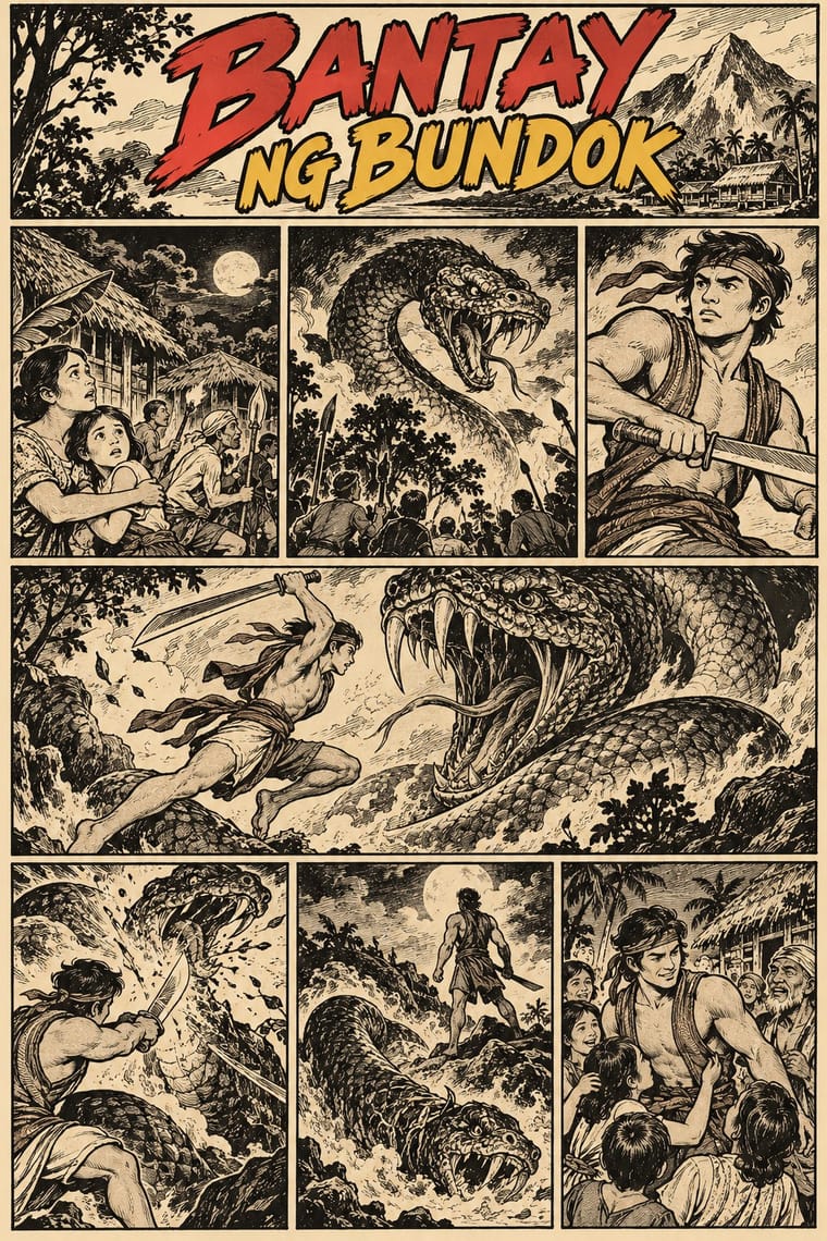 A vintage-style illustrated poster titled “BANTAY NG BUNDOK” shows a sword-wielding young man fighting a gigantic fanged serpent near a mountain village. Seven comic panels depict frightened villagers, the battle, the defeated serpent, and villagers gathering around the hero.