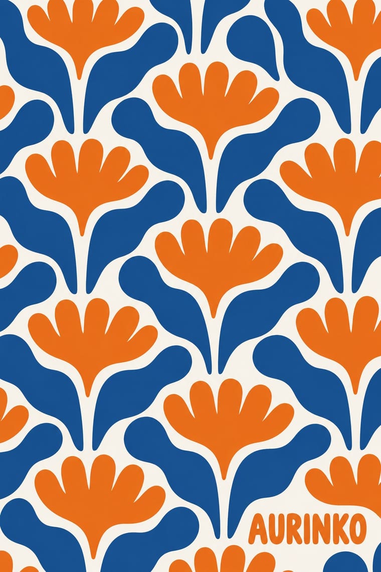 A repeating pattern of orange, fan-shaped flowers and curving blue leaves fills a cream background, with motifs cropped at the edges. Orange lettering reading “AURINKO” sits near the lower right.