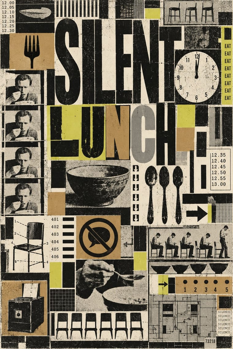 A distressed black, cream, mustard and yellow poster features enormous condensed lettering reading “SILENT LUNCH” surrounded by a tightly packed grid of photographs, diagrams and symbols. Repeated images show a man eating, chairs, bowls and spoons, alongside a clock, arrows, numbered schedules and a crossed-out speech bubble.