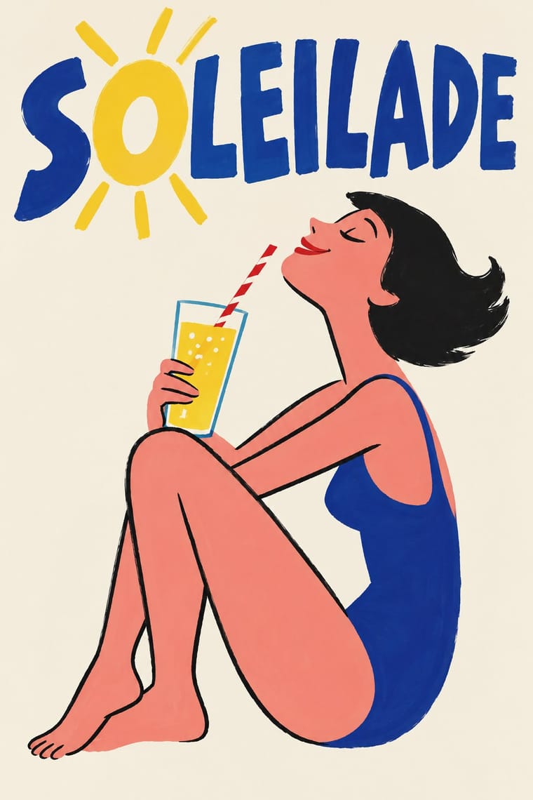 A stylised woman with short black hair sits with her knees raised, wearing a blue swimsuit and holding a yellow drink with a red-and-white striped straw. Above her, large hand-painted letters read “SOLEILADE,” with the yellow O surrounded by sun rays on a cream background.