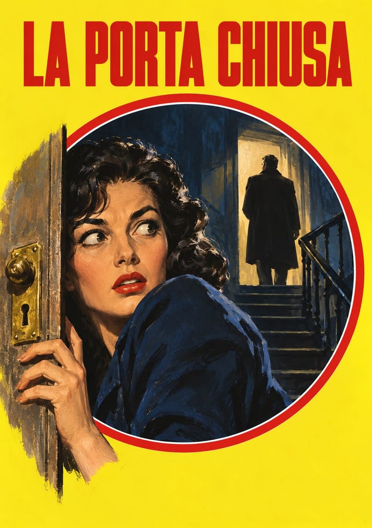 A painted thriller-style poster shows a dark-haired woman peering anxiously around a wooden door while a man in a dark coat stands at the top of a shadowy staircase, facing a lit doorway. The scene sits within a red-bordered circle on a bright yellow background beneath the large red title “LA PORTA CHIUSA.”
