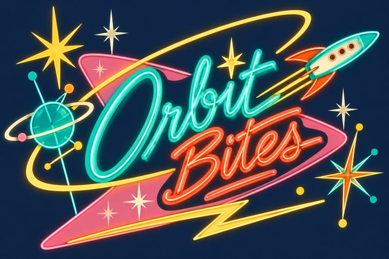 A glowing retro space-themed sign reads “Orbit Bites” in large turquoise and orange cursive on a dark navy background. A rocket, ringed planet, starbursts, sweeping yellow trails and angular pink panels surround the lettering.