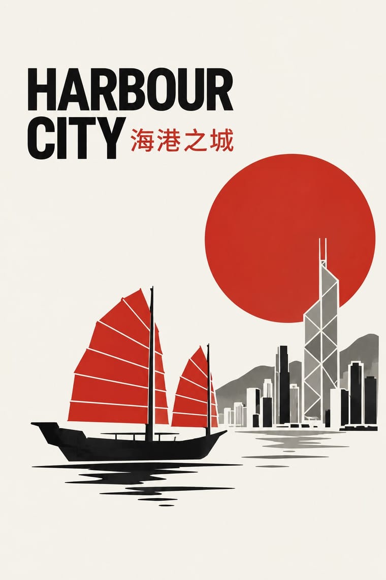 A black junk boat with red sails floats in front of a stylised Hong Kong skyline and grey hills, beneath a large red sun on an ivory background. Bold black lettering at the upper left reads “HARBOUR CITY,” accompanied by red Chinese characters.