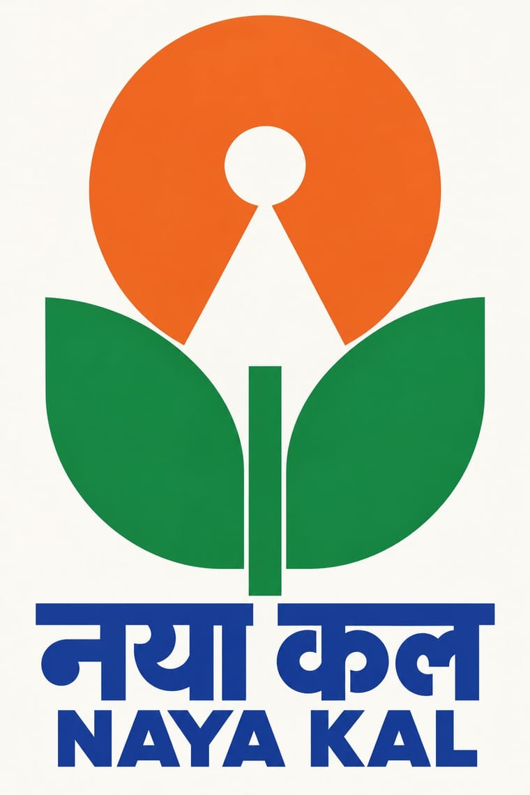 A large geometric flower has an orange circular head with a white keyhole-shaped cutout, two green leaves, and a straight green stem on an off-white background. Bold blue lettering beneath reads “नया कल” and “NAYA KAL.”