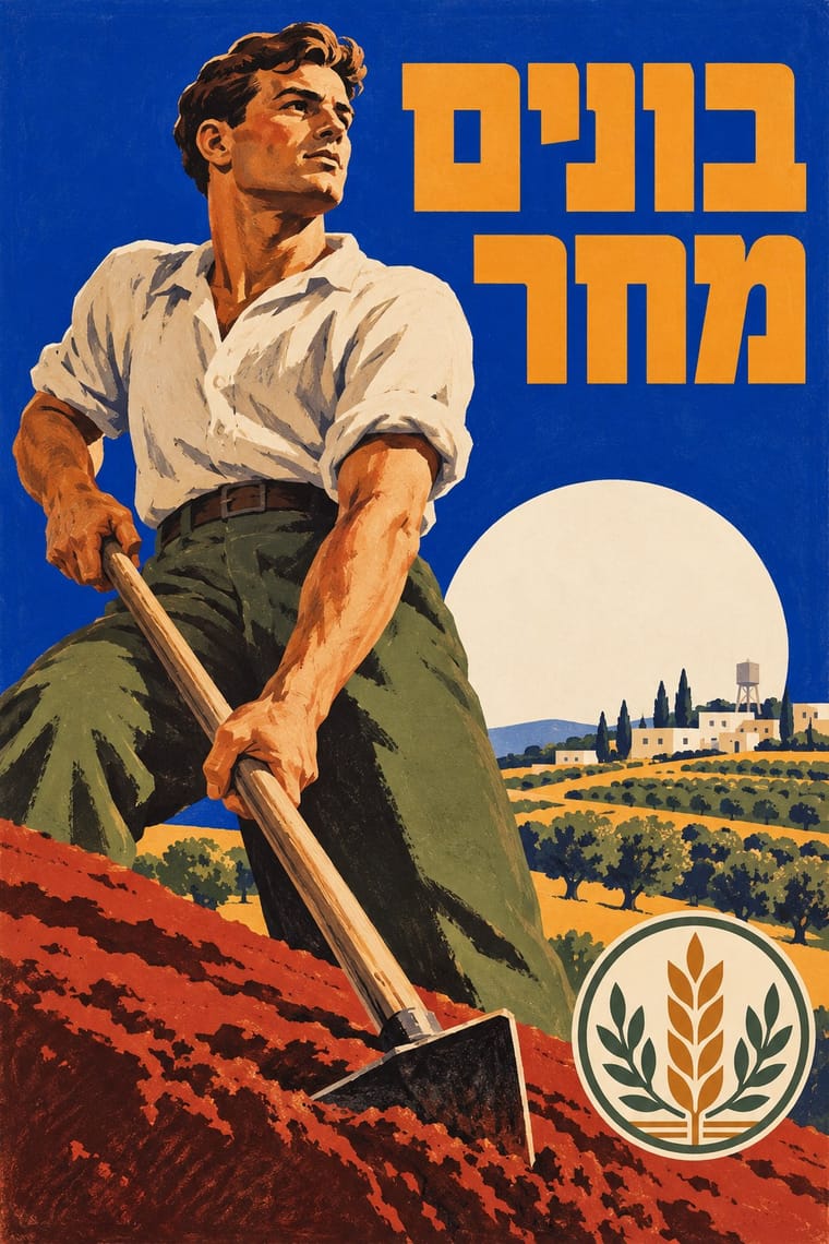 A muscular farm worker in a white rolled-sleeve shirt and olive trousers grips a hoe in red soil, looking upward beside large orange Hebrew lettering. Behind him are cultivated fields, trees, pale buildings and a water tower beneath a large cream sun, with a circular wheat-and-leaves emblem at the lower right.