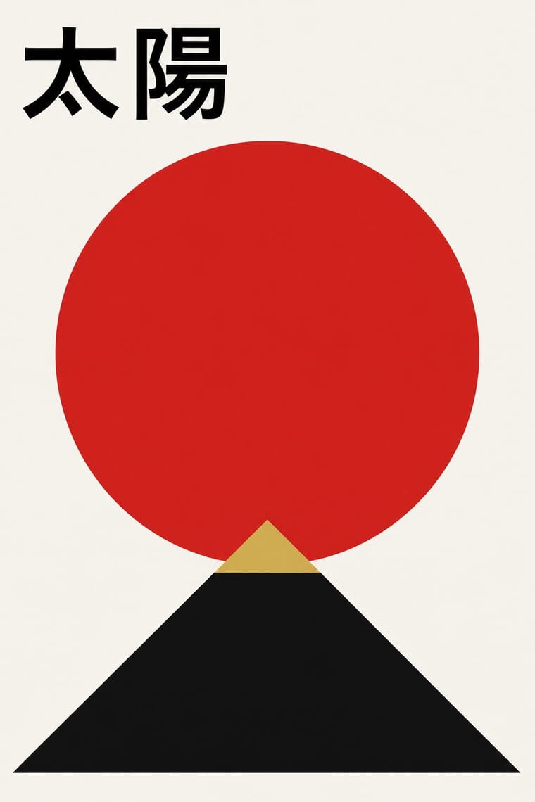 A large red sun sits above and behind a black triangular mountain with a gold tip on an off-white background. Bold black characters reading “太陽” appear in the upper-left corner.