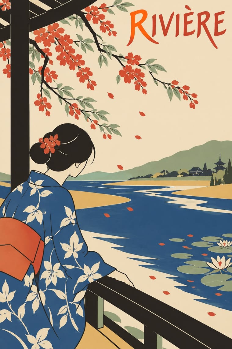 A woman in a blue floral kimono with an orange sash stands at a wooden railing overlooking a winding river, lily pads, distant hills and Japanese-style buildings. Red flowering branches hang overhead, and “RIVIÈRE” appears across the upper right.