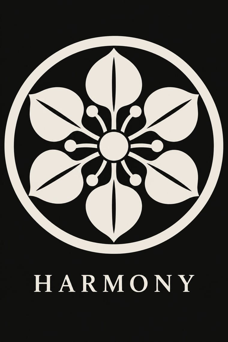 A cream circular floral emblem sits on a black background, with six pointed leaves and six round-tipped stems arranged around a central disc. Below it, widely spaced serif capitals spell “HARMONY.”