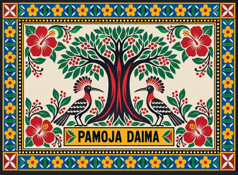A symmetrical folk-style illustration shows a leafy tree with a black and red trunk between two crested birds, surrounded by red flowers and berry-bearing branches. A blue border patterned with yellow flowers and green leaves frames the image, with “PAMOJA DAIMA” in black on a yellow panel at the bottom.