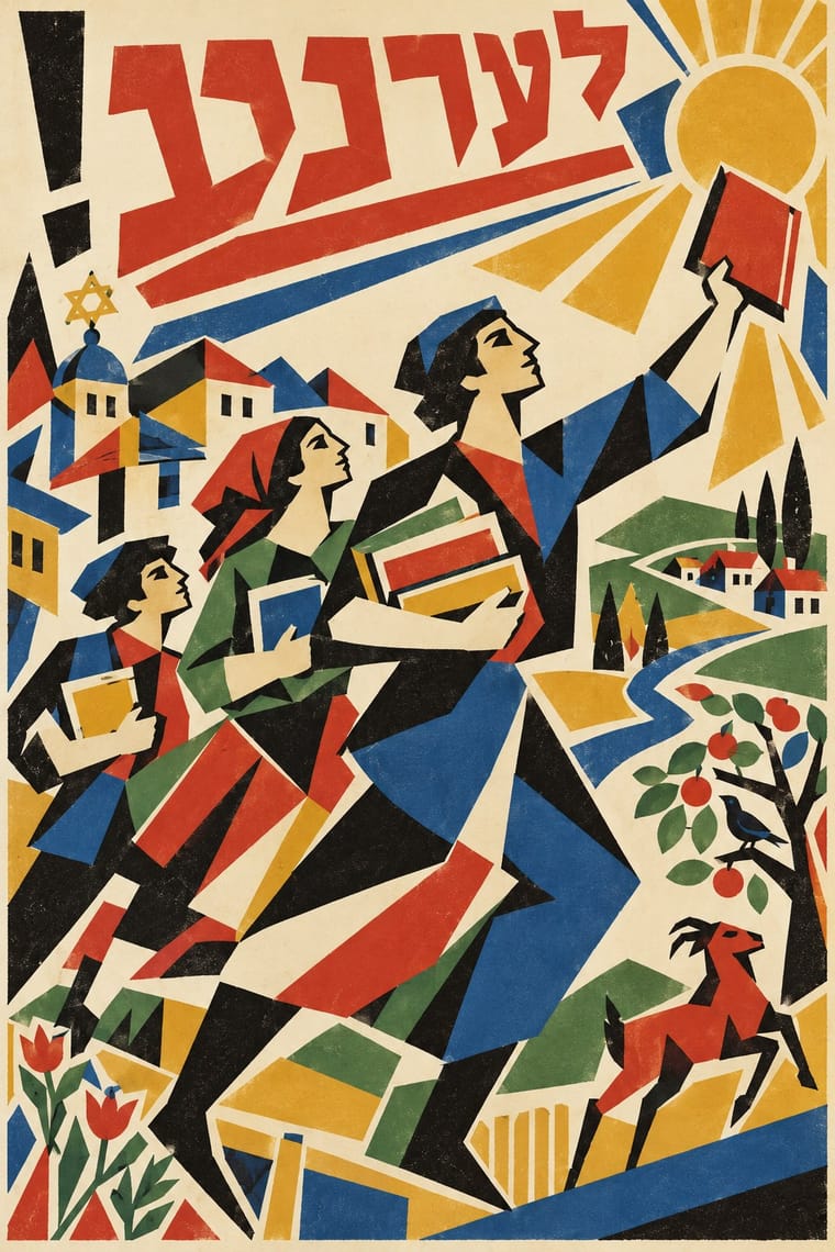 Three angular, stylized figures stride forward carrying books, with the foremost figure raising a red book toward a radiant yellow sun. Large red Hebrew-script lettering tops a colorful landscape of buildings, winding paths, flowers, a fruit tree with a bird, and a leaping goat.